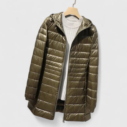 Chaqueta Puffer Acolchada Sin Esfuerzo para Mujeres con Capucha, Manga Larga, Ligera y Estilo Casual de Corte Largo