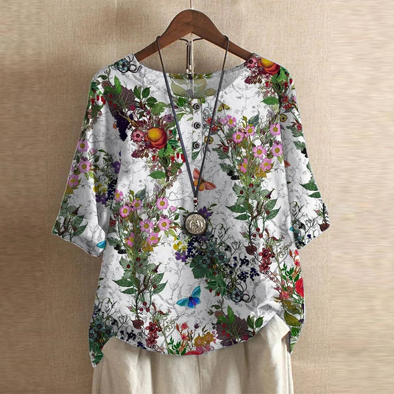 Blusa de Impresión Patchwork Sin Esfuerzo para Mujeres con Cuello Redondo, Manga Corta y Detalle de Botón Estilo Boho
