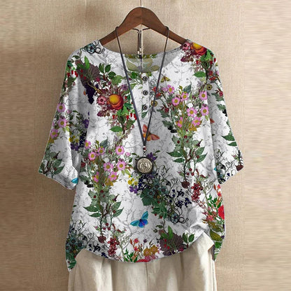 Blusa de Estampado de Parchwork sin Esfuerzo para Mujeres con Cuello Redondo, Manga Corta y Botones al Frente, Estilo Bohemio