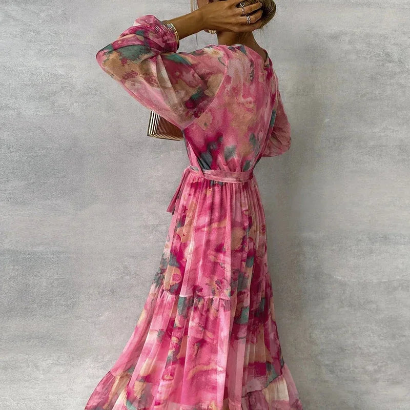 Vestido Maxi de Acuarela Rosa Sin Esfuerzo para Mujeres con Escote en V, Mangas de Campana, Envoltura, Volantes en Estilo Bohemio