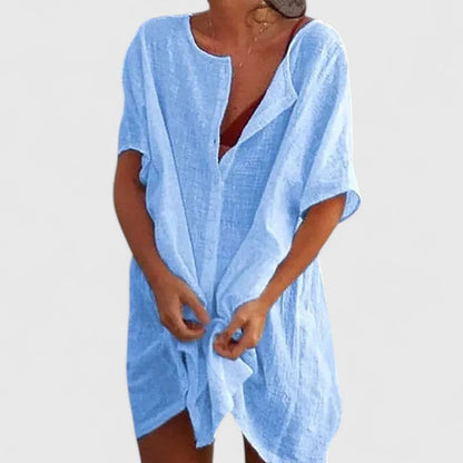 Vestido Cubierta de Lino Sin Esfuerzo para Mujeres con Escote en V, Manga Corta y Estilo Relajado