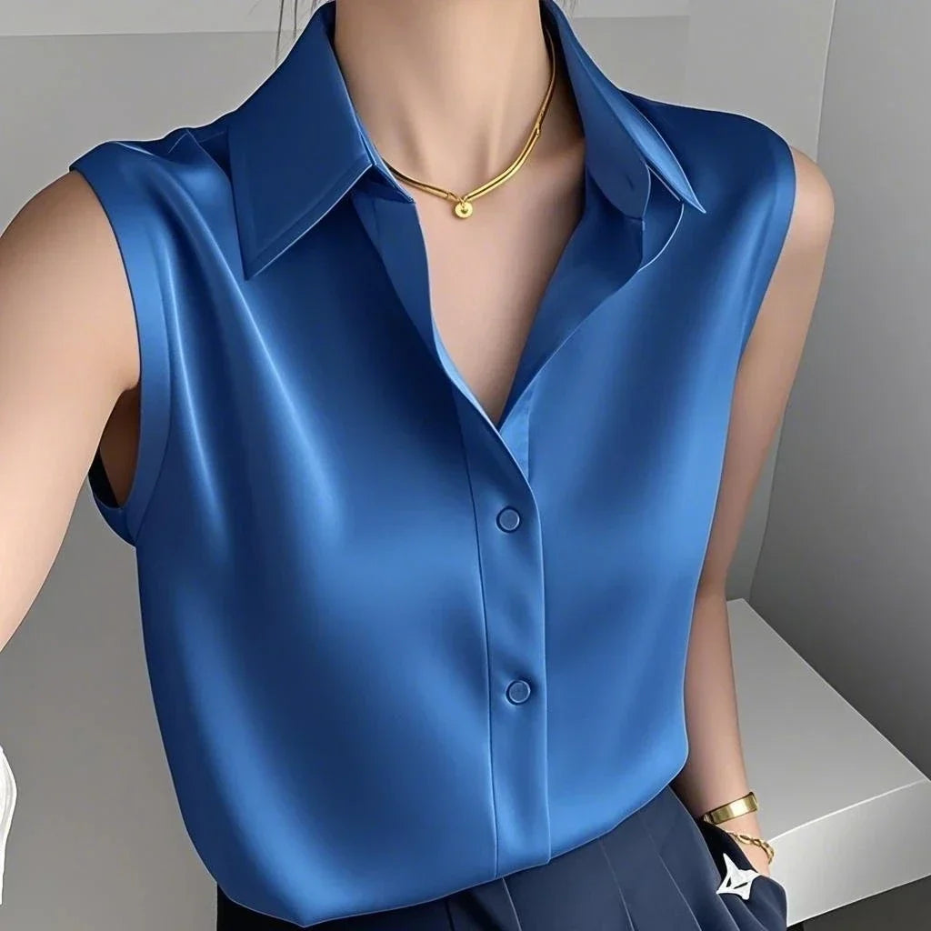 Blusa de Satén Elegante para Mujeres con Cuello de Punta Sin Mangas y Botones en la Parte Delantera Estilo Sedoso