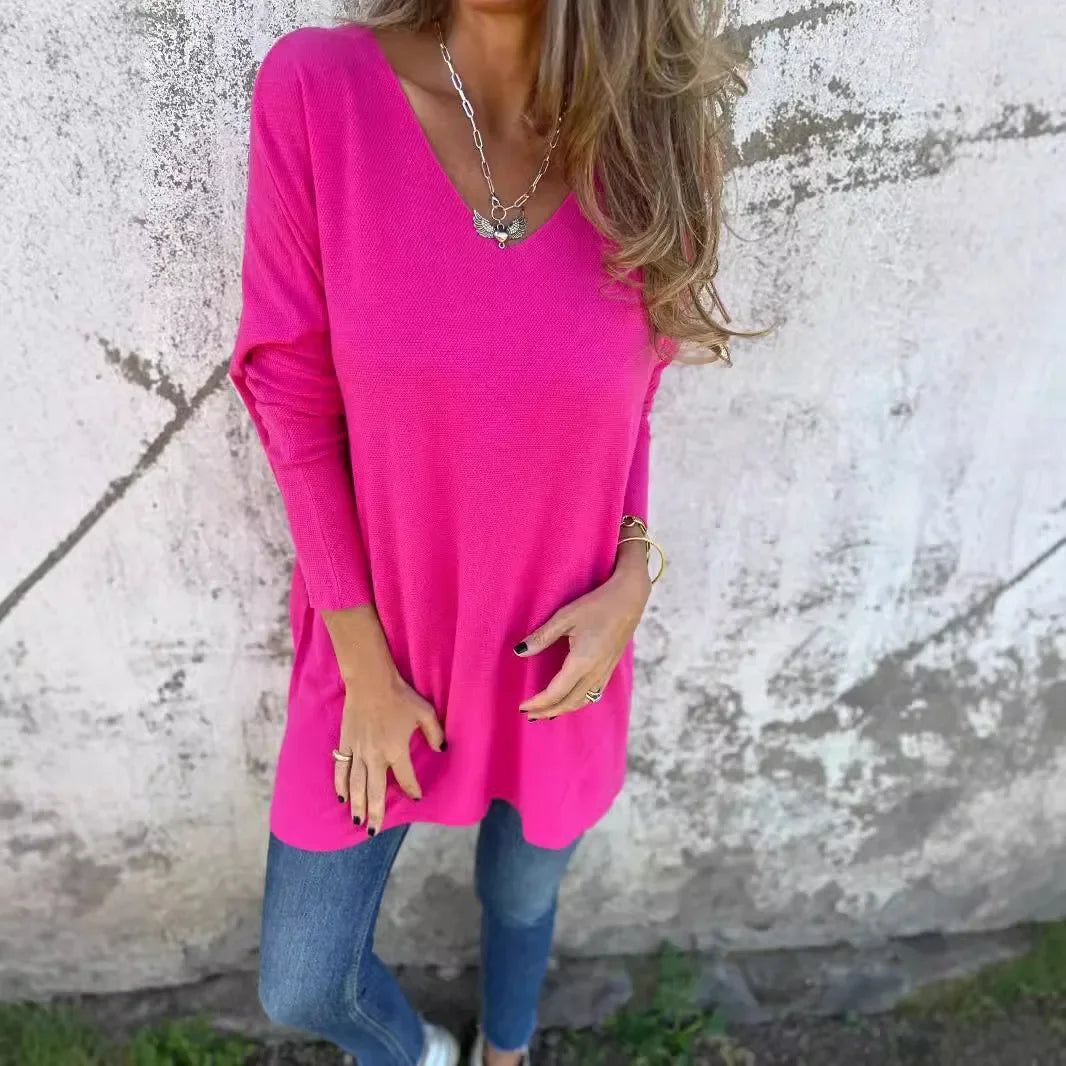 Túnica de Suéter de Punto Acanalado Cómoda para Mujeres con Cuello en V y Manga Larga Estilo Oversized Relajado