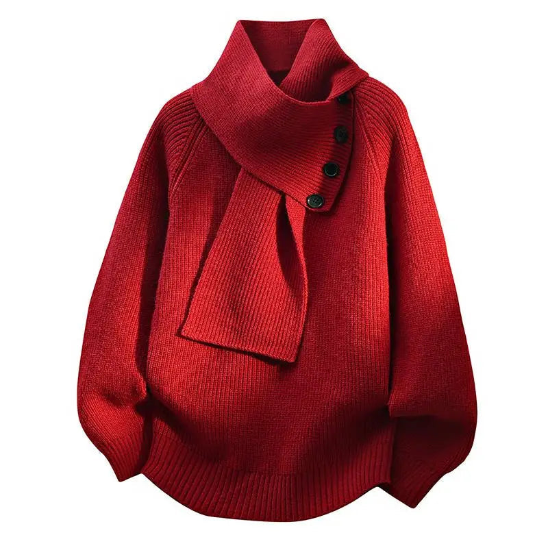 Suéter de Punto Cómodo para Mujeres con Cuello Asimétrico, Manga Murciélago, Detalle de Botón y Estilo Relajado