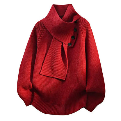 Suéter de Punto Cómodo para Mujeres con Cuello Asimétrico, Manga Murciélago, Detalle de Botón y Estilo Relajado