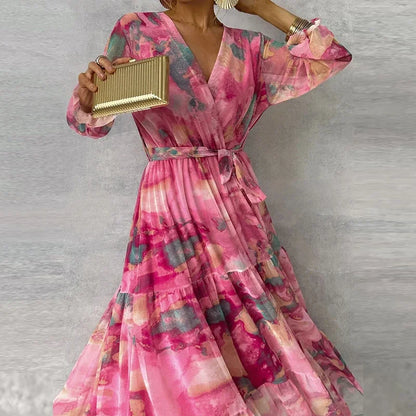 Vestido Maxi de Acuarela Rosa Sin Esfuerzo para Mujeres con Escote en V, Mangas de Campana, Envoltura, Volantes en Estilo Bohemio