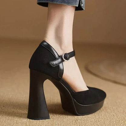 Elegantes Zapatos de Tacón Plataforma de Ante para Mujeres con Correa de Hebilla Mary Jane y Tacón Grueso