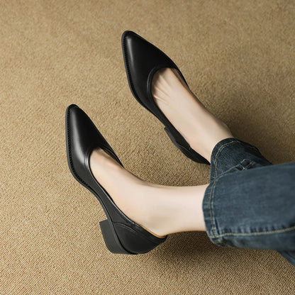 Elegante Zapato de Tacón Bloque de Cuero para Mujeres con Punta Afilar Deslizante Estilo Casual en Corte en V