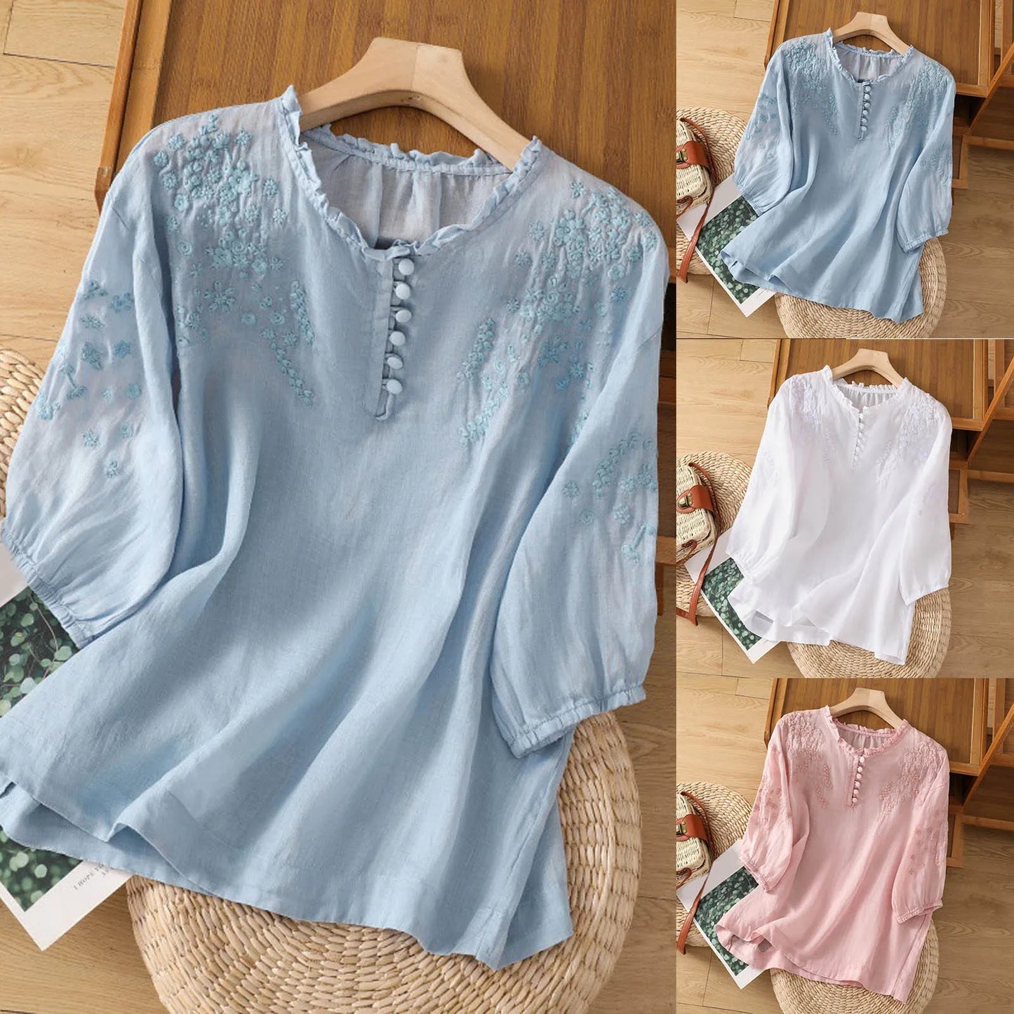 Blusa Floral Bordada Sin Esfuerzo para Mujeres con Cuello en V con Volantes, Manga 3/4 y Botones, Estilo Boho