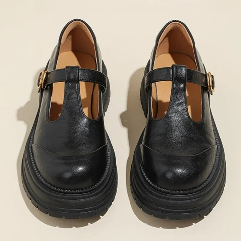 Zapato de Plataforma Mary Jane de Cuero Elegante para Mujeres con Hebilla T Strap y Suela Gruesa Estilo Vintage
