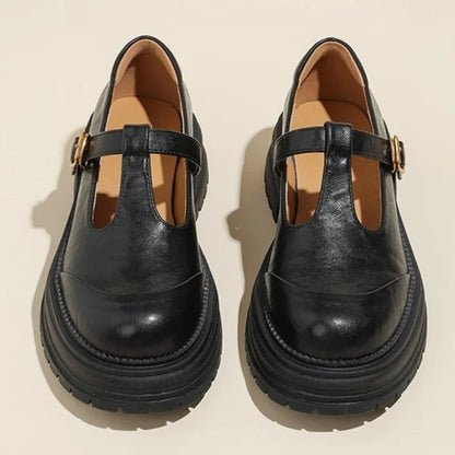 Zapato de Plataforma Mary Jane de Cuero Elegante para Mujeres con Hebilla T Strap y Suela Gruesa Estilo Vintage