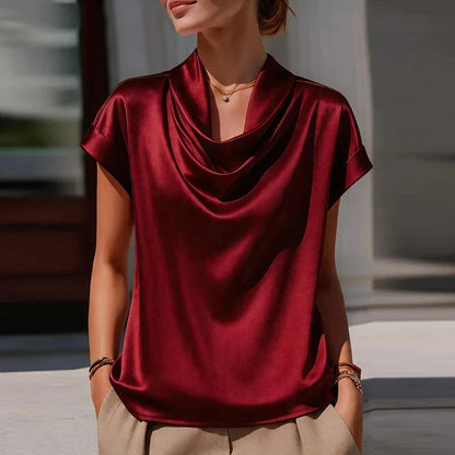 Blusa de Satén Elegante para Mujeres con Cuello Drapado y Mangas Cortas