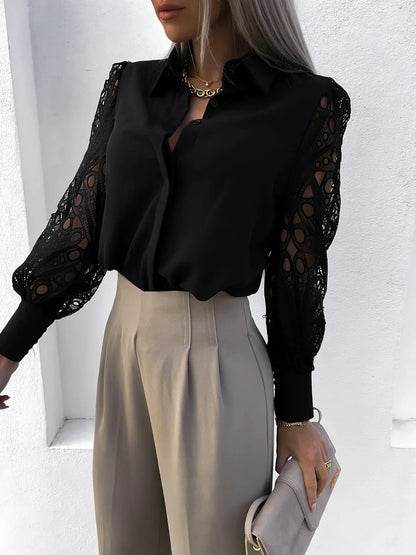 Blusa de Satén Elegante para Mujeres con Cuello y Mangas Largas de Encaje