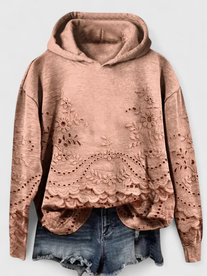 Sudadera con Capucha de Ojal Floral sin Esfuerzo para Mujeres con Mangas Largas y Dobladillo Ondulado Estilo Casual Corto