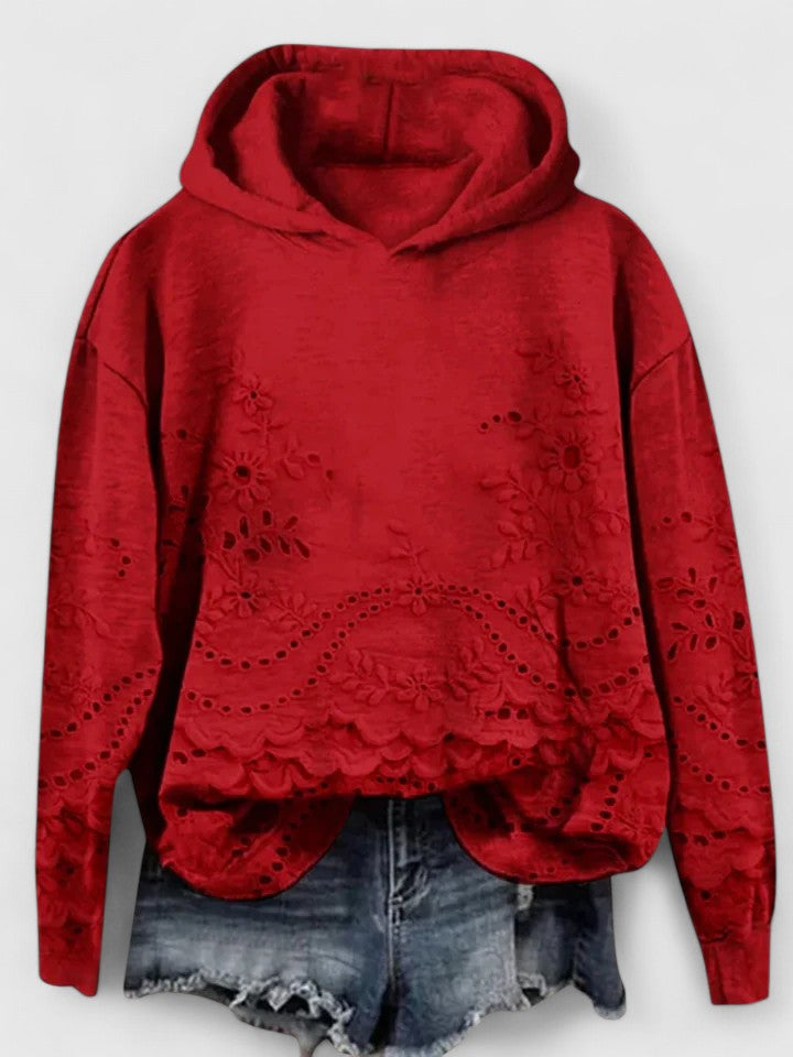 Sudadera con Capucha de Ojal Floral sin Esfuerzo para Mujeres con Mangas Largas y Dobladillo Ondulado Estilo Casual Corto