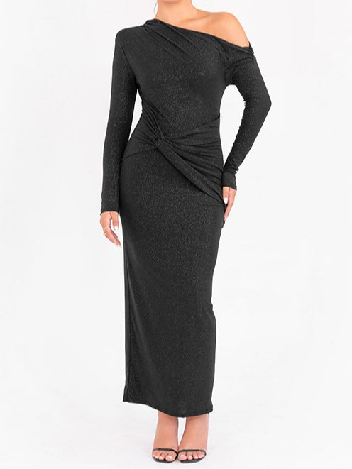 Vestido Maxi Elegante con Brillo para Mujeres con Un Hombro y Manga Larga Arrugada Estilo Cóctel