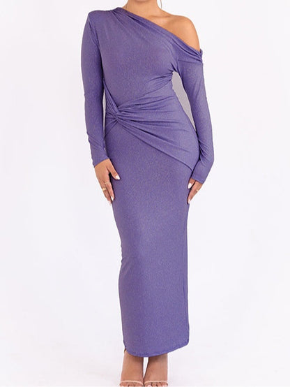 Vestido Maxi Elegante con Brillo para Mujeres con Un Hombro y Manga Larga Arrugada Estilo Cóctel