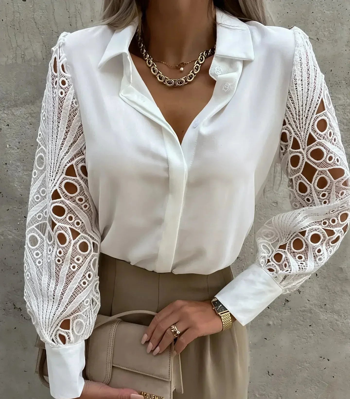 Blusa de Satén Elegante para Mujeres con Cuello y Mangas Largas de Encaje de Crochet