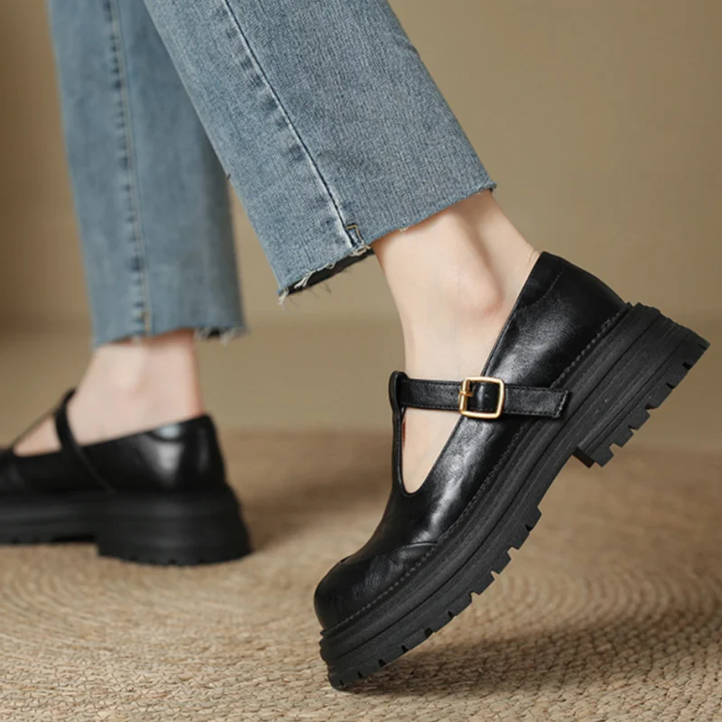Zapato de Plataforma Mary Jane de Cuero Elegante para Mujeres con Hebilla T Strap y Suela Gruesa Estilo Vintage