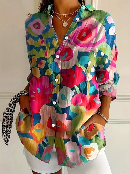 Blusa Floral Impresa Sin Esfuerzo para Mujeres con Cuello, Manga Larga, Botones en la Parte Frontal, Estilo Relajado