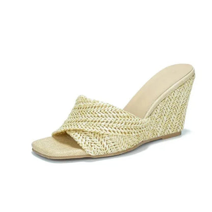 Sandalía de Cuña de Rafía Tejida con Estilo para Mujeres con Tira Trenzada Abierta en los Dedos y Plataforma