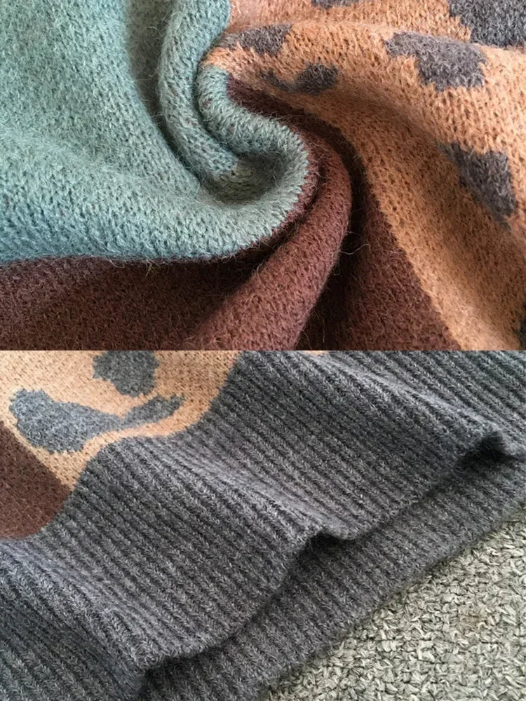 Suéter Cómodo de Leopardo en Color Block para Mujeres con Cuello Redondo, Manga Larga y Estilo Relajado Oversized