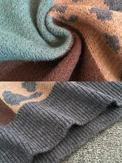 Suéter Cómodo de Leopardo en Color Block para Mujeres con Cuello Redondo, Manga Larga y Estilo Relajado Oversized