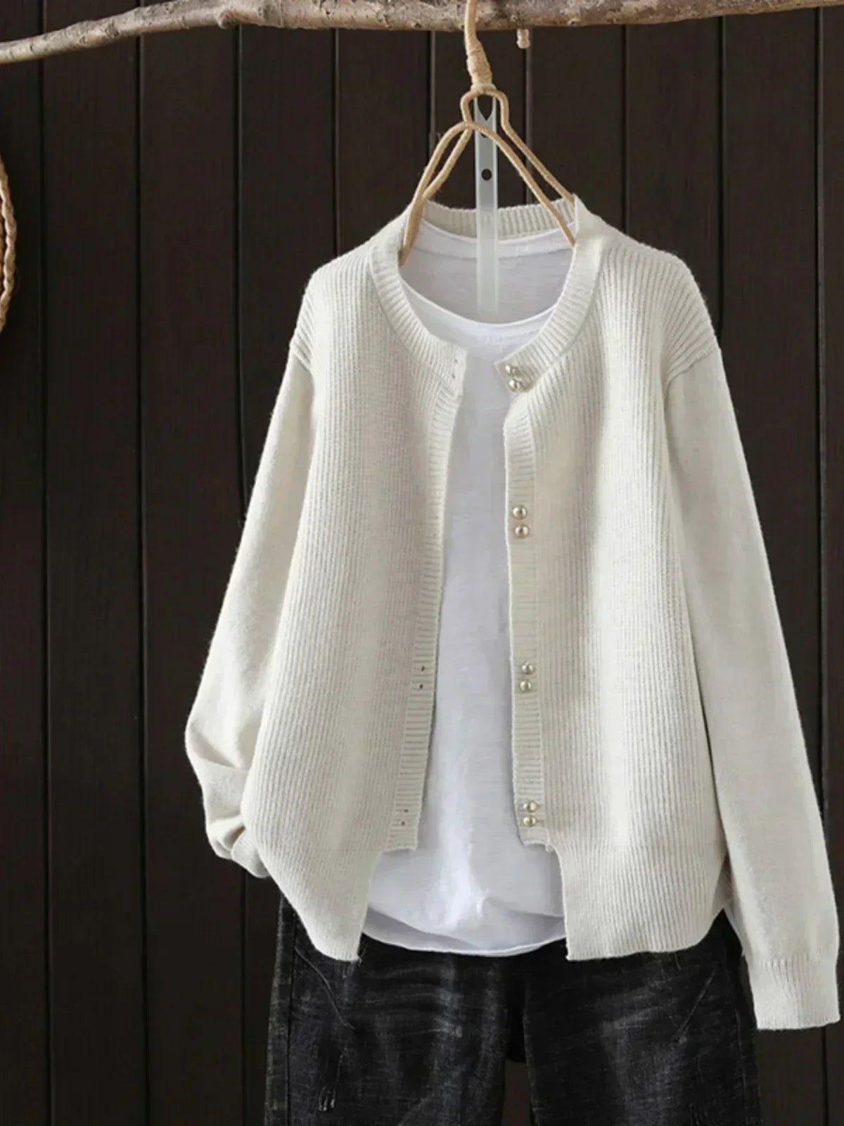 Cárdigan Acogedor de Canalé para Mujeres con Cuello Redondo y Mangas Largas, Botones de Perla, Estilo Relajado y Oversized