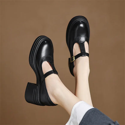 Zapatos Mary Jane de Cuero Elegantes para Mujeres con Plataforma T Strap y Tacón Grueso Estilo Vintage