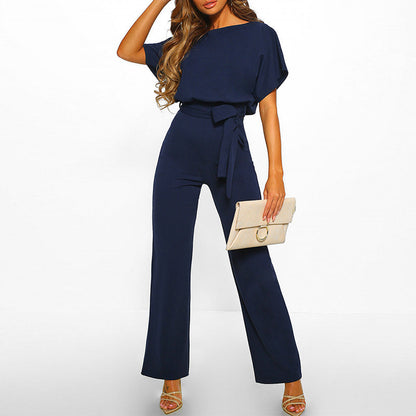 Jumpsuit Elegante de Pierna Ancha para Mujeres con Cuello Barco, Manga Murciélago y Cintura con Cinturón, Estilo Formal para Fiestas