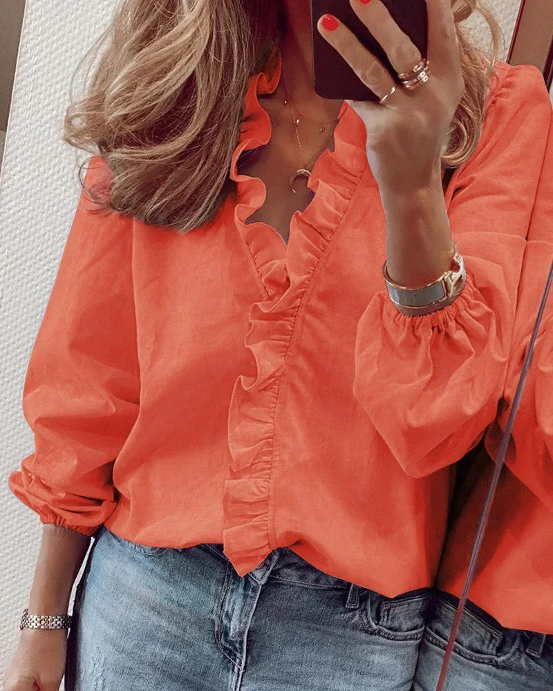 Blusa con Volantes Sin Esfuerzo para Mujeres con Cuello en V, Manga Larga y Puño Elástico, Estilo Casual