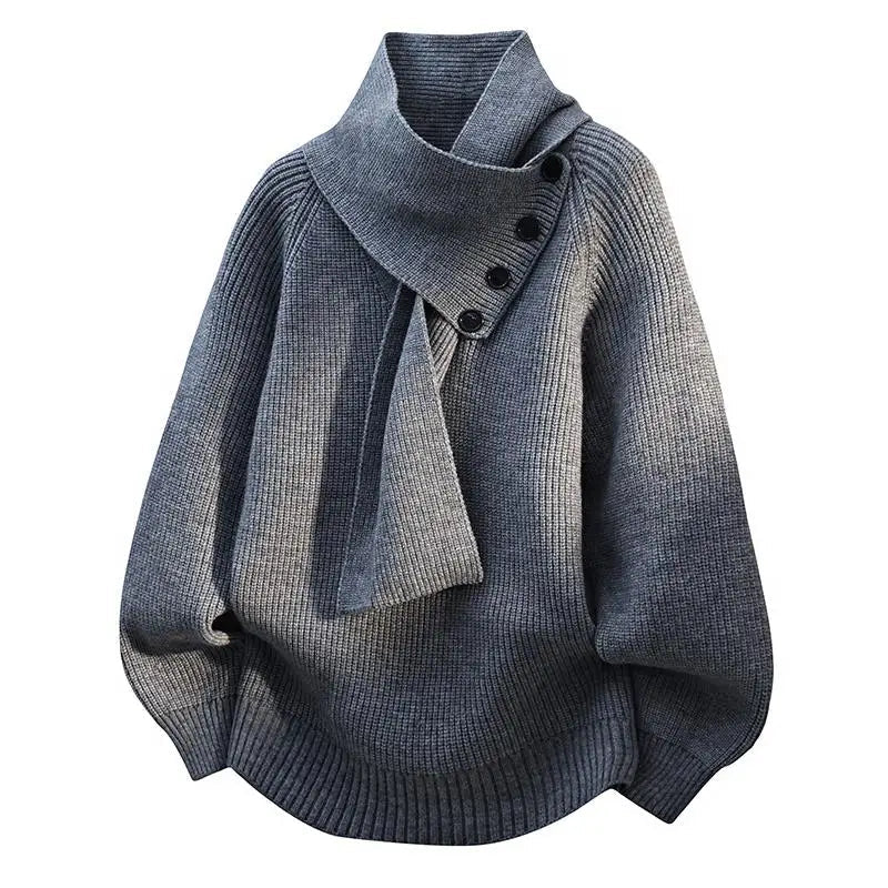 Suéter de Punto Cómodo para Mujeres con Cuello Asimétrico, Manga Murciélago, Detalle de Botón y Estilo Relajado