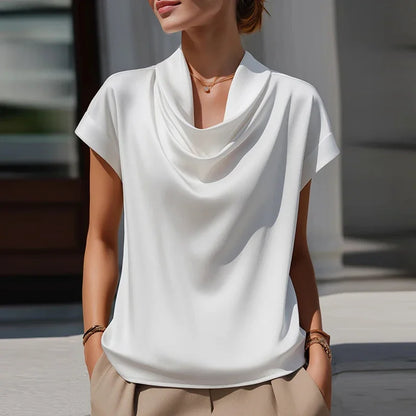 Blusa de Satén Elegante para Mujeres con Cuello Drapado y Mangas Cortas