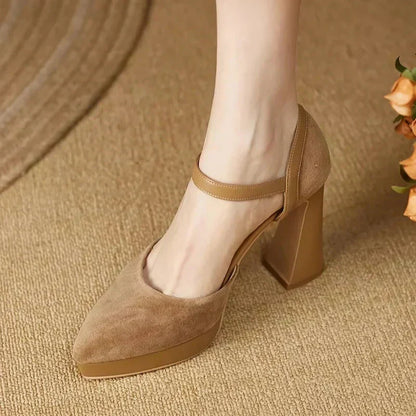 Elegantes Zapatos de Tacón Plataforma de Ante para Mujeres con Correa de Hebilla Mary Jane y Tacón Grueso
