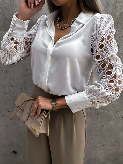 Blusa de Satén Elegante para Mujeres con Cuello y Mangas Largas de Encaje de Crochet
