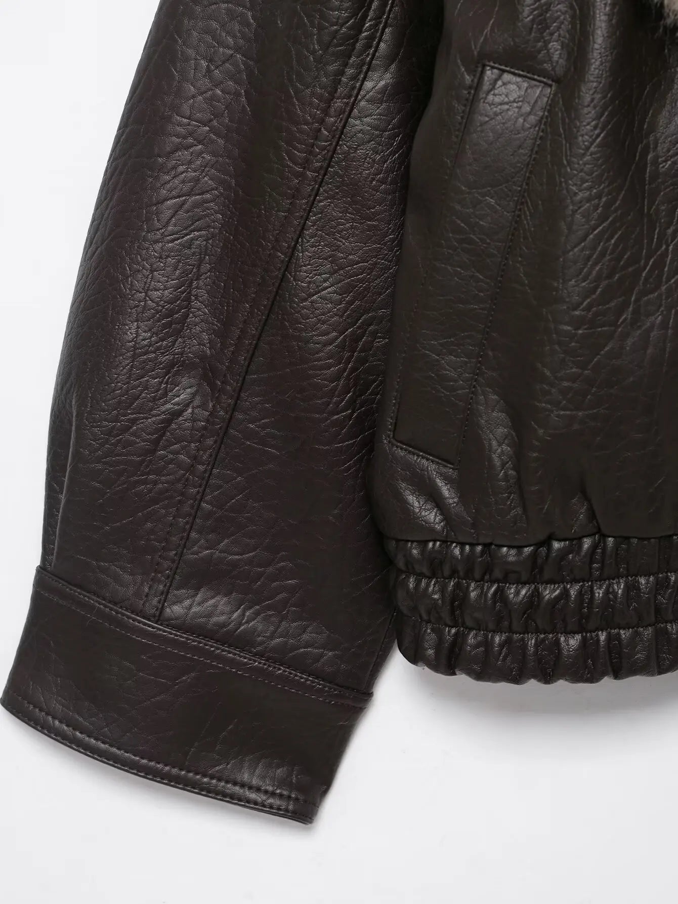 Chaqueta Bomber de Cuero Elegante para Mujeres con Cuello de Piel Sintética, Manga Larga, Estilo Relajado con Botones a Presión