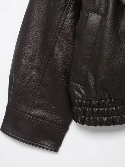 Chaqueta Bomber de Cuero Elegante para Mujeres con Cuello de Piel Sintética, Manga Larga, Estilo Relajado con Botones a Presión