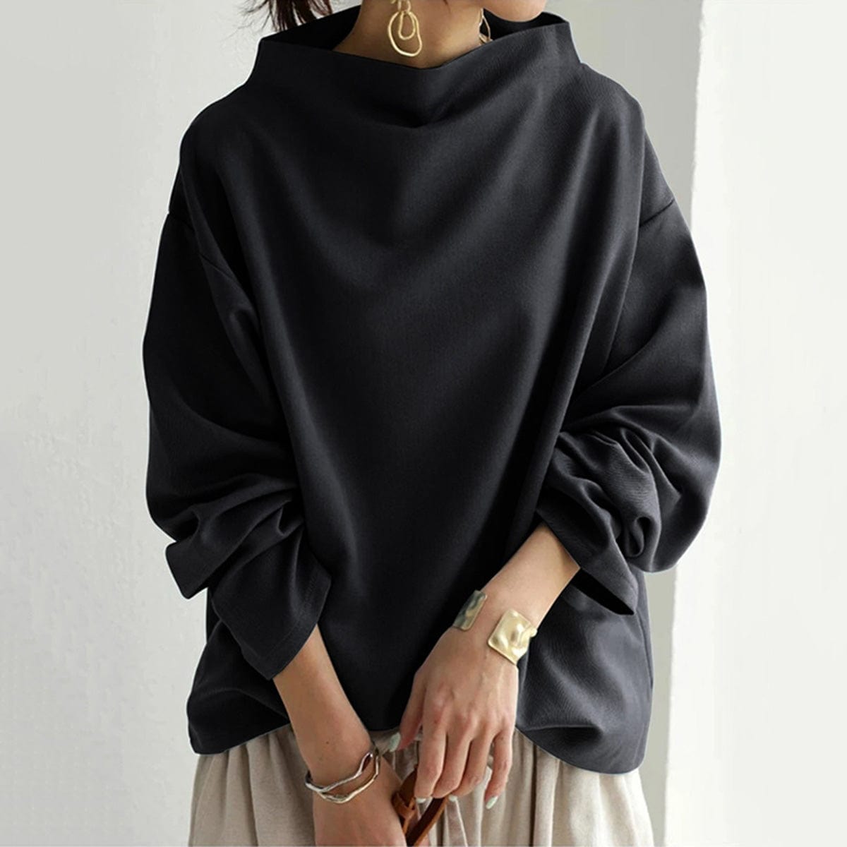 Blusa Oversized Cómoda para Mujeres con Cuello Alto y Manga Globo Estilo Tranquilo