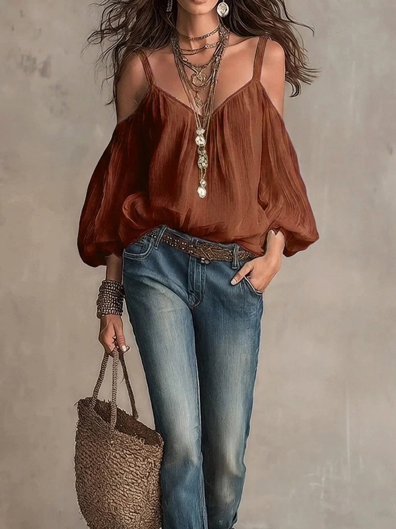 Blusa de Gasa de Algodón Sin Esfuerzo para Mujeres con Escote en V, Hombros Descubiertos, y Mangas de Globo Estilo Bohemio