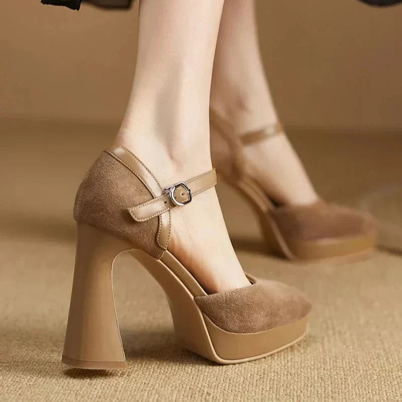 Elegantes Zapatos de Tacón Plataforma de Ante para Mujeres con Correa de Hebilla Mary Jane y Tacón Grueso
