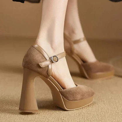 Elegantes Zapatos de Tacón Plataforma de Ante para Mujeres con Correa de Hebilla Mary Jane y Tacón Grueso