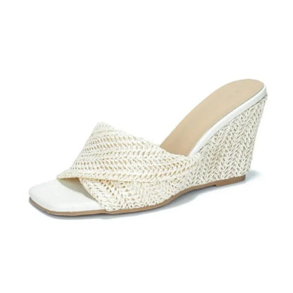 Sandalía de Cuña de Rafía Tejida con Estilo para Mujeres con Tira Trenzada Abierta en los Dedos y Plataforma