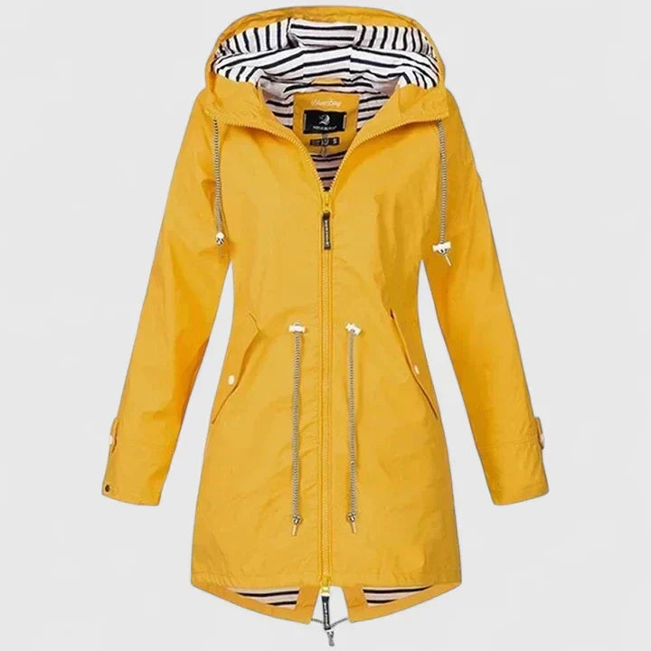 Chaqueta de Lluvia a Rayas para Mujeres con Capucha, de Estilo Relajado y Cierre Frontal con Cremallera