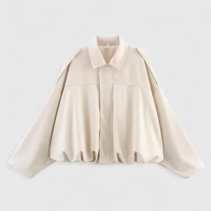 Chaqueta Cortada de Ante Sin Esfuerzo para Mujeres con Cuello, Manga Larga, Dobladillo Burbuja, Estilo Oversized y Relajado