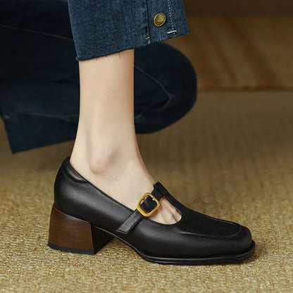 Elegantes Mocasines Mary Jane de Cuero para Mujeres con Hebilla T Strap, Punta Cuadrada y Tacón Bloque Estilo Vintage