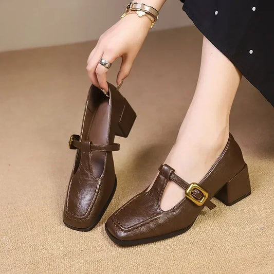 Elegantes Zapatos Mary Jane de Cuero para Mujeres con Punta Cuadrada, Correa en T y Tacón de Bloque Estilo Vintage