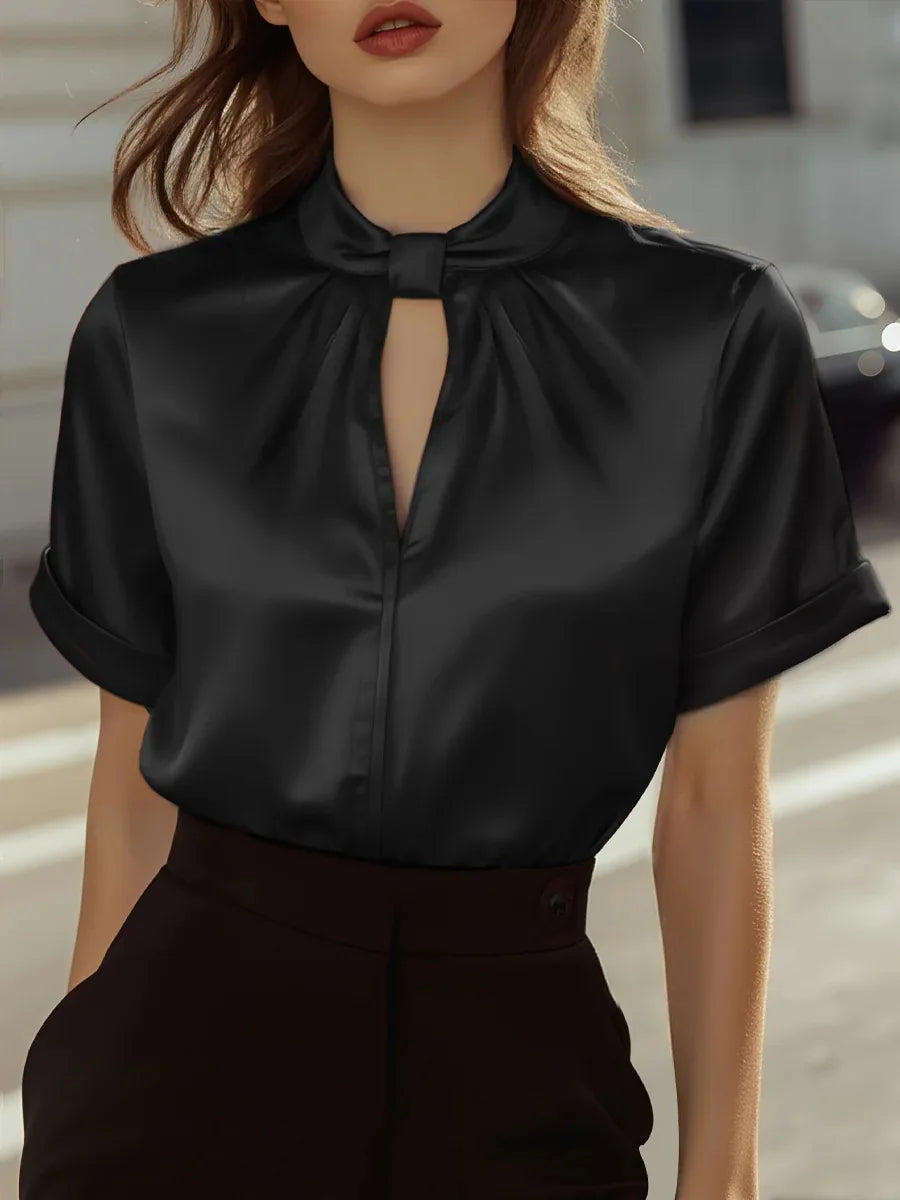 Blusa de Satén Elegante para Mujeres con Cuello con Abertura y Nudo, Manga Corta con Puño
