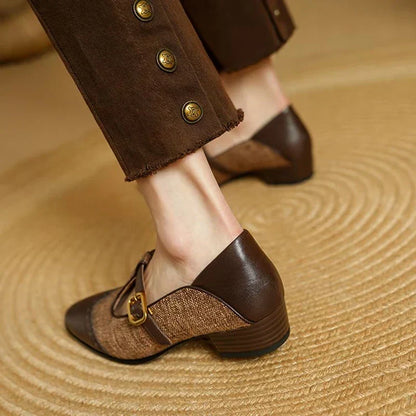 Elegante plano Mary Jane de tweed para mujeres con hebilla T Strap estilo brogue