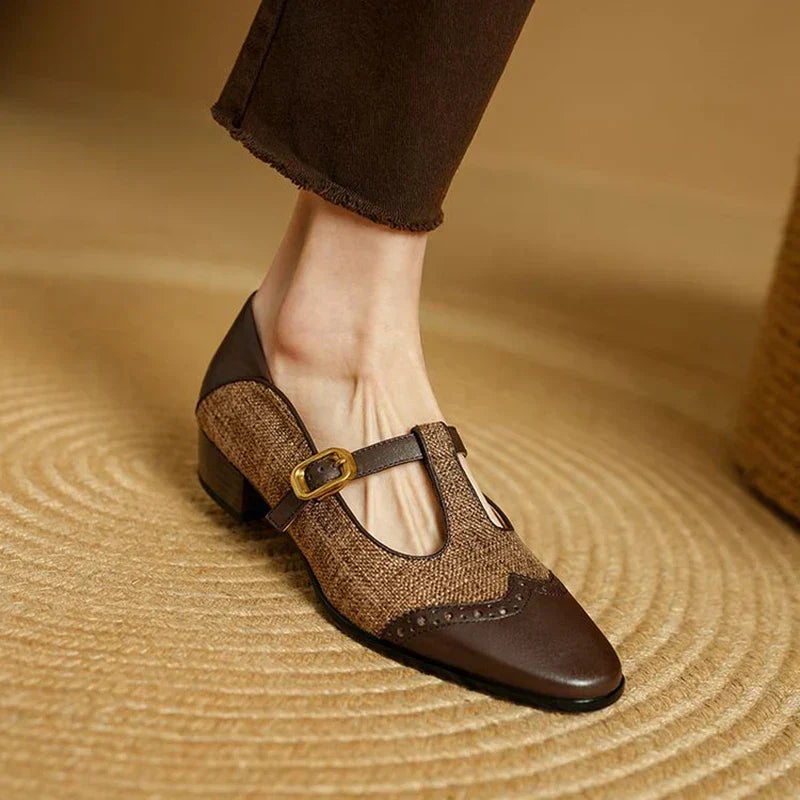 Elegante plano Mary Jane de tweed para mujeres con hebilla T Strap estilo brogue