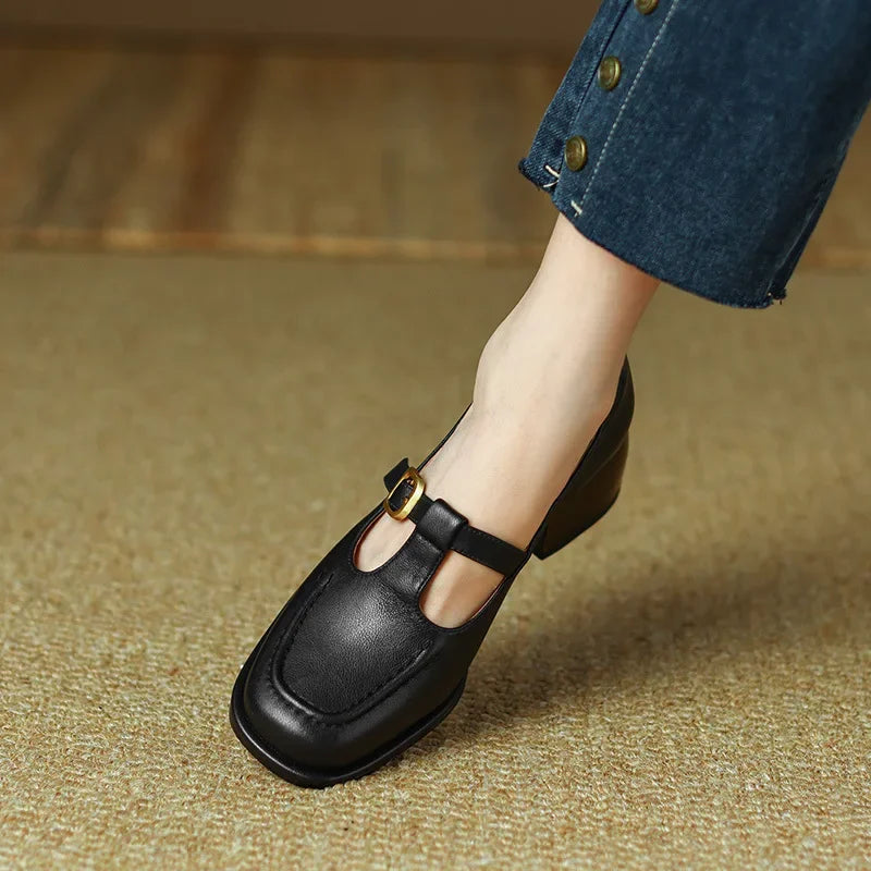 Elegantes Mocasines Mary Jane de Cuero para Mujeres con Hebilla T Strap, Punta Cuadrada y Tacón Bloque Estilo Vintage